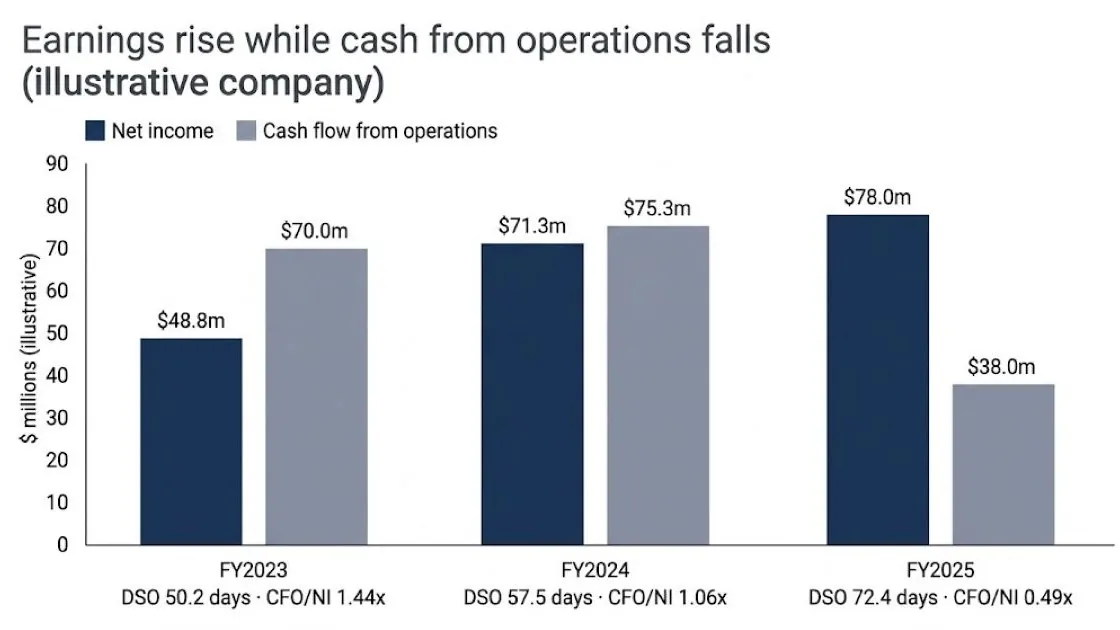 Bar chart of an illustrative company: net income rises from $48.8m to $78.0m between FY2023 and FY2025, while operating cash flow falls from $70.0m to $38.0m